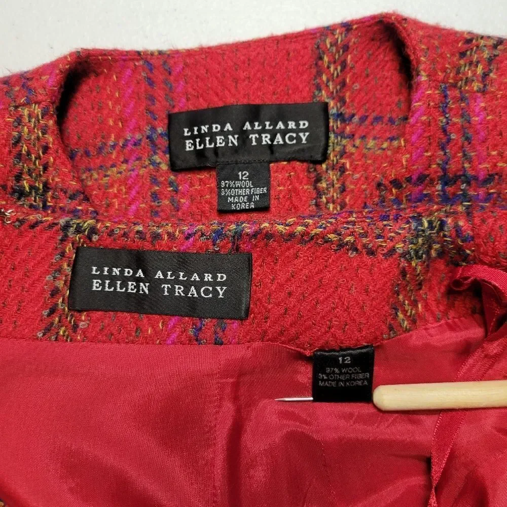 Ellen Tracy Red Plaid Blazer Double Breasted Gold Buttons Skirt Suit Set Tweed